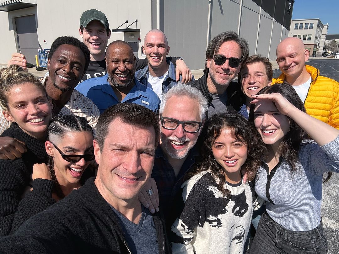 The cast of Superman posing for a selfie