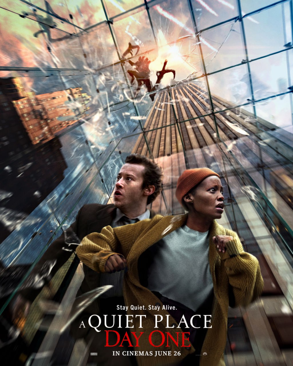 A Quiet Place: Day One New Posters Starring Lupita Nyong'o and Joseph Quinn Running Away From A Monster Falling Through A Building