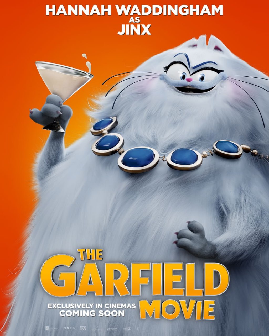 The Garfield Movie featuring Jinx, she is elegantly holding a glass.