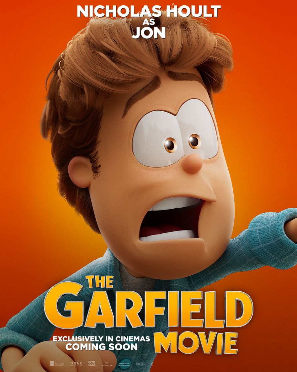 The Garfield Movie poster featuring Jon Arbuckle calling for something.