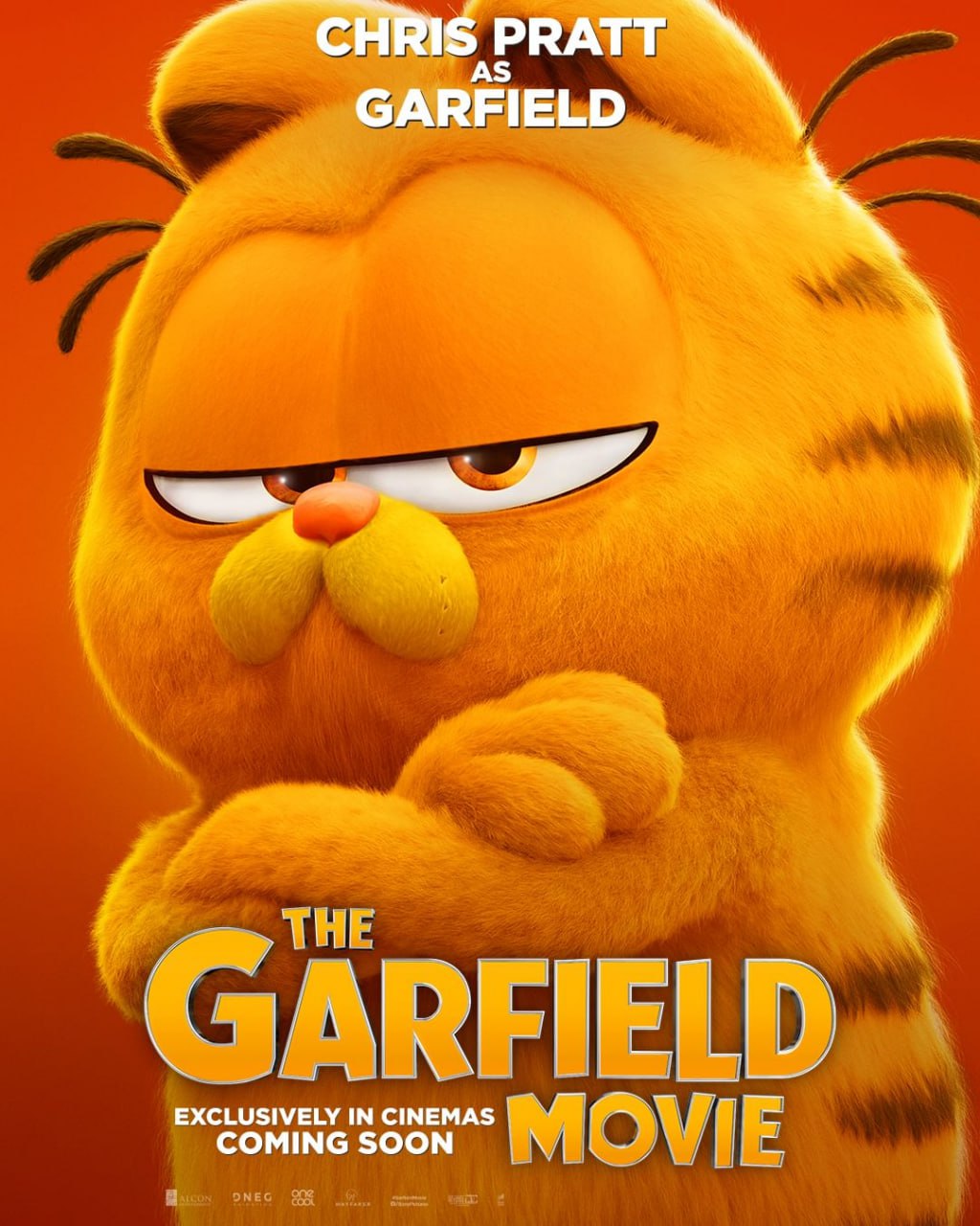 The Garfield Movie poster featuring Garfield with his arms crossed.