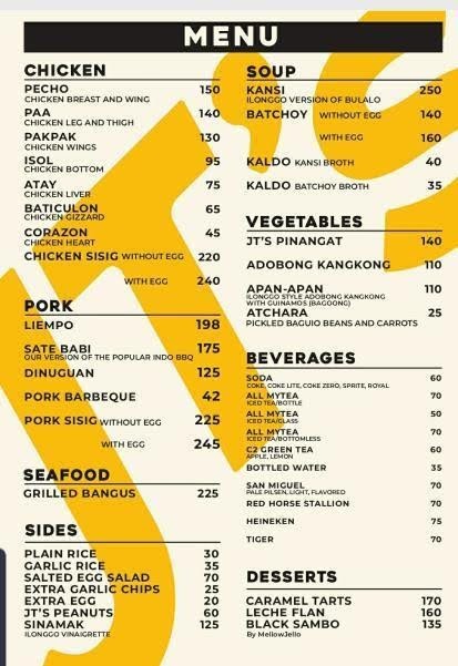 JT’s Manukan Grille’s menu from its official Facebook page.