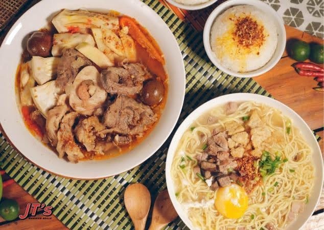 JT’S Manukan Grille’s pork batchoy (left) and cansi (right) served with a cup of rice.