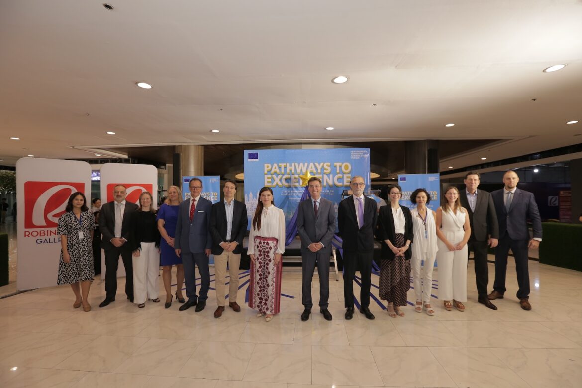 Ambassador Massimo Santoro of European Union (middle) together with (from left to right): Athena Cartagena, Communications Officer, Embassy of Sweden; Fabio Pompetti, Deputy Head of Mission, Embassy of Belgium; Ambassador Saija Nurminen, Embassy of Finland; Anna Krzak-Danel, Charge d’affaires ad interim, Embassy of Poland; Ambassador Johann Brieger, Embassy of Austria; Robert van der Hum, Deputy Head of Mission, Embassy of The Kingdom of The Netherlands; Ambassador Titanilla Tóth, Embassy of Hungary; Ambassador Davide Giglio, Embassy of Italy; Mathilde Séjourné, Cultural Counsellor, Embassy of France; Beatriz Jimeno, Education Advisor, Embassy of Spain; Erica Duffy, Charge d’affaires ad interim, Embassy of Ireland; Mathias Kruse, Deputy Head of Mission, Embassy of Germany; and Jiří Kvasnička, Consul, Embassy of The Czech Republic