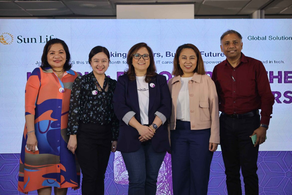 Sun Life Global Solutions (SLGS) Philippines leaders (Head of Human Resources and Communications Katrina Rodriguez, Head of Portfolio Management Ada Mae David, Vice President and Site Head Nathalie Bernardo and Head of SLGS Asia Technology Jennifer Lumbao) highlight the importance of empowering women in the workplace, especially in the tech industry. Also in photo is SLGS and Asia IT Head of Governance, Risk and Compliance (GRC), Shiva Subramony.