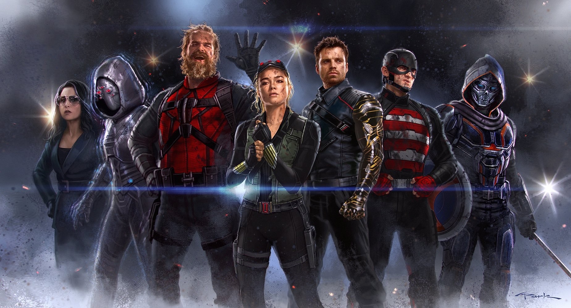 From left to right: Valentina Allegra de Fontaine (Julia Louis-Dreyfus), Ghost (Hannah John-Kamen), Red Guardian (David Harbour), Yelena Belova (Florence Pugh), Bucky Barnes (Sebastian Stan), John Walker (Wyatt Russell), Taskmaster (Olga Kurylenko) | Concept Art by Andy Parks