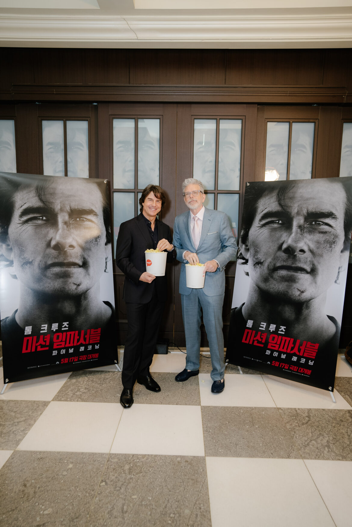 Tom Cruise and Christopher McQuarrie outside the cinema at the Seoul red carpet premiere of Mission: Impossible - The Final Reckoning on May 8. | Photo from Paramount Pictures