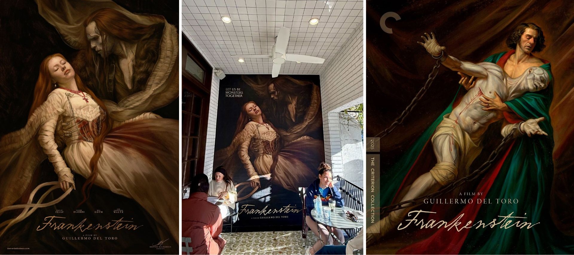 (From left) Dexter Balbaboco's first Frankenstein piece as used by Netflix, the mural version displayed at Alfred Coffee in Los Angeles, and the Criterion Collection Cover