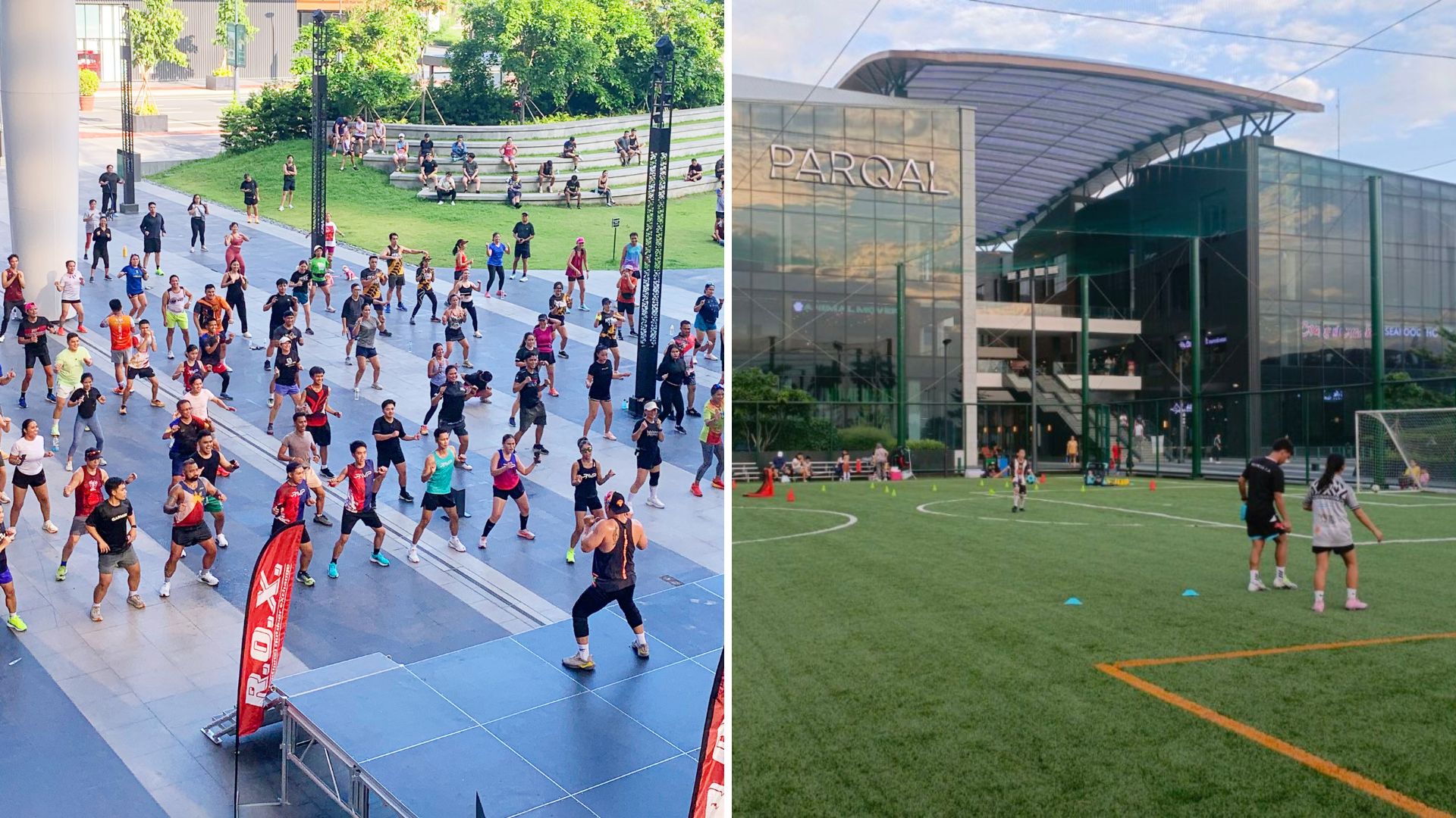 Fitness enthusiasts embrace an active lifestyle at Parqal through community workouts and outdoor recreation